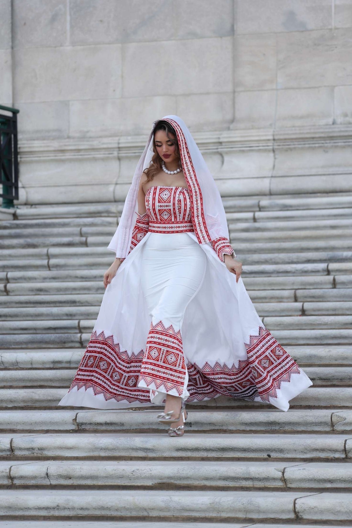 Modern Palestinian Henna Dress with Embroidery & Overskirt – Red Mikado Fabric