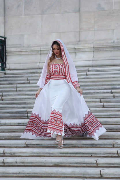 Modern Palestinian Henna Dress with Embroidery & Overskirt – Red Mikado Fabric