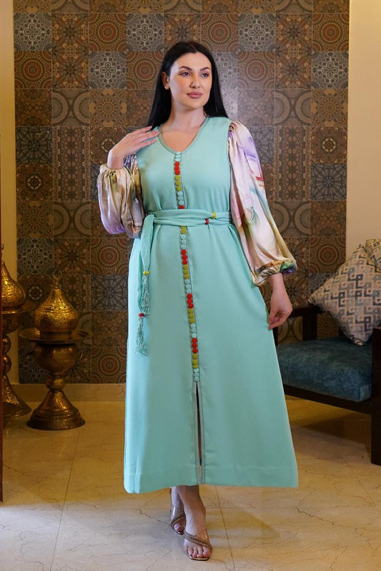 Soft Moroccan Caftan for Ramadan Occasions – Light Blue & Dark Mauve