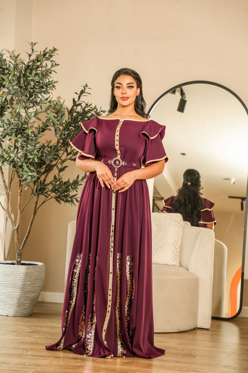 Modern Dark Mauve Caftan Dress with Gold-Mauve Sequin Patterns – Luxury Look