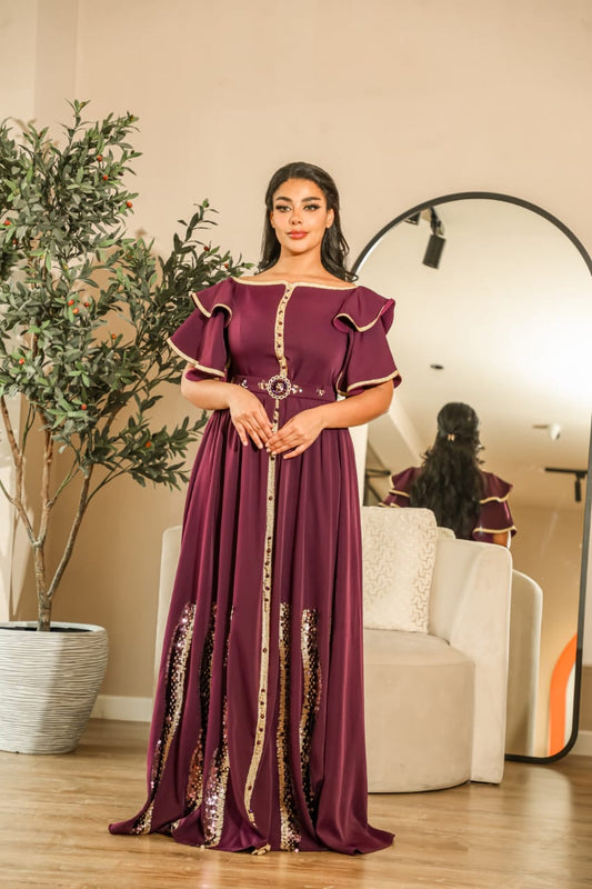Modern Dark Mauve Caftan Dress with Gold-Mauve Sequin Patterns – Luxury Look
