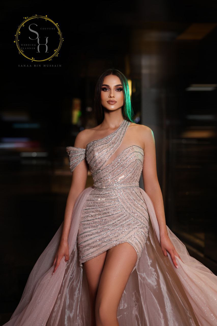 Couture Short Lebanese Dress with Multicolor Beading & Shawah Tail