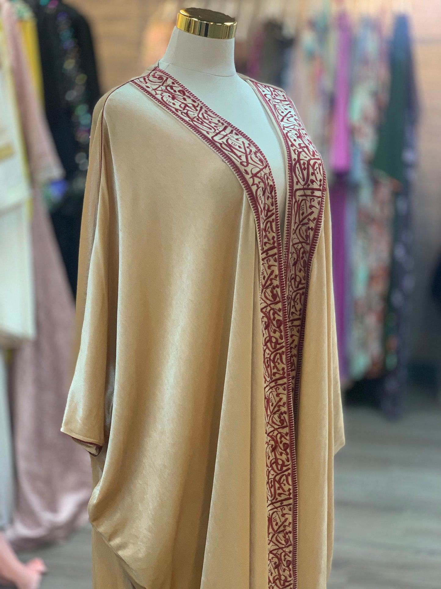 Royal Camel Velvet Bisht with burgundy embroidery Arabic Embroidery