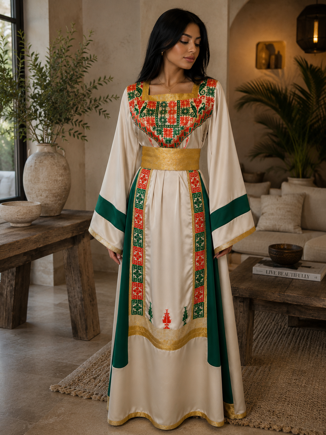 Luxury Beige Palestinian Thobe in Marlin Fabric with Exquisite Handcrafted Orange & Green Embroidery