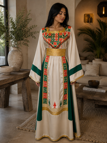 Luxury Beige Palestinian Thobe in Marlin Fabric with Exquisite Handcrafted Orange & Green Embroidery