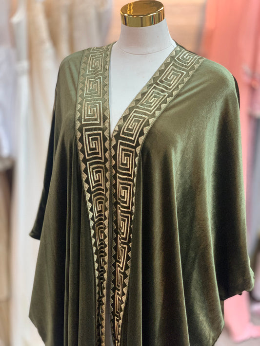 Royal Olive Velvet Bisht with Gold Arabic Embroidery