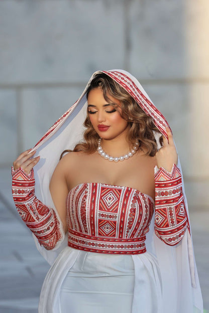 Modern Palestinian Henna Dress with Embroidery & Overskirt – Red Mikado Fabric