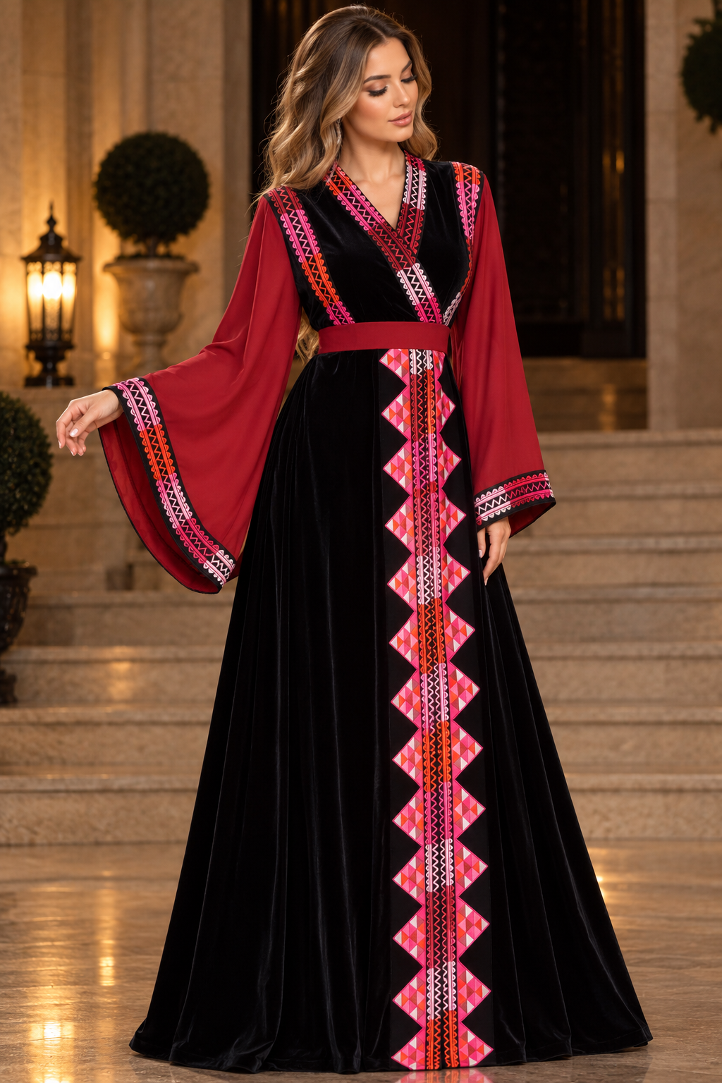 Luxury Embroidered Korean Velvet Thob with Chiffon Sleeves