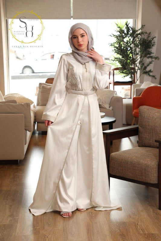 White Moroccan Kaftan with Silver Accents Two-Piece Open-Front Set