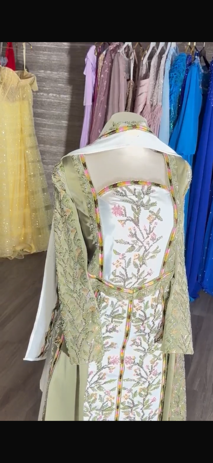 Sage Green Embroidered Couture Gown with Overskirt & Shawl