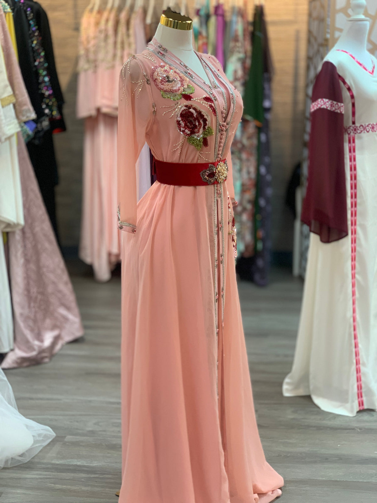 Elegant Pink Moroccan Caftan with Red Embroidery & Three-Quarter Sleeves