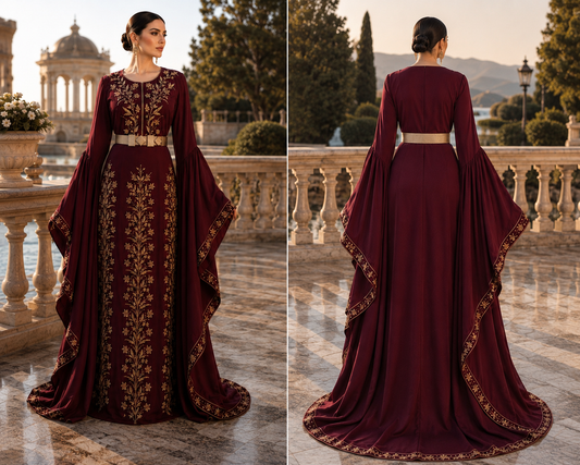 Burgundy & Gold Embroidered Couture Gown