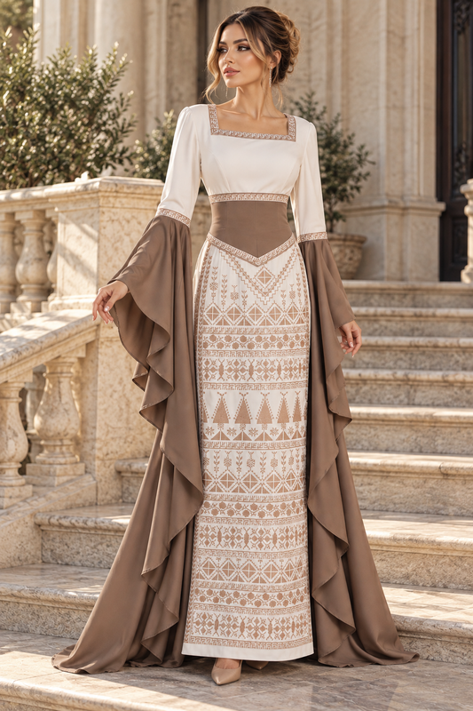 Ivory & Mocha Palestinian Embroidered Thobe with Draped Sleeves — By Order Only