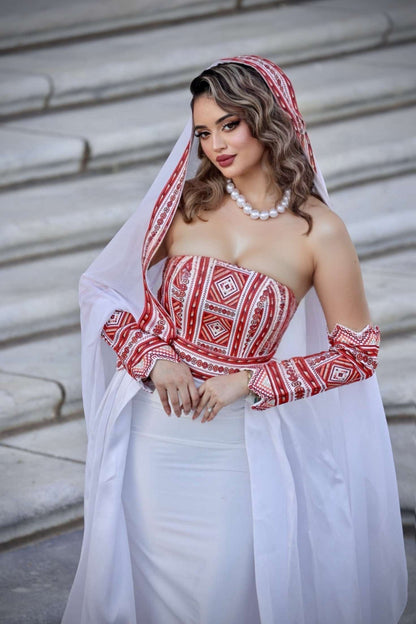 Modern Palestinian Henna Dress with Embroidery & Overskirt – Red Mikado Fabric