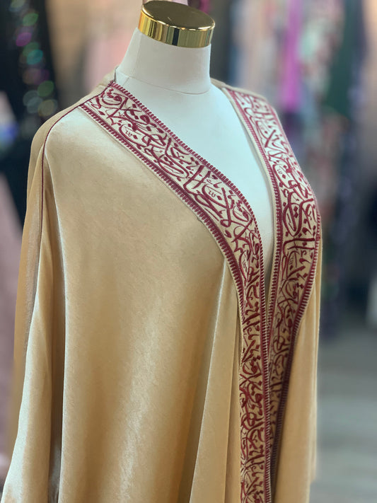 Royal Camel Velvet Bisht with burgundy embroidery Arabic Embroidery