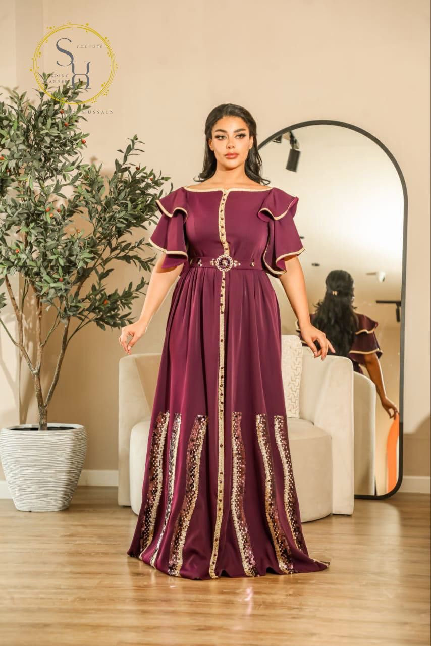 Modern Moroccan Kaftan in Dark Mauve Crepe Gold & Mauve Embellishments