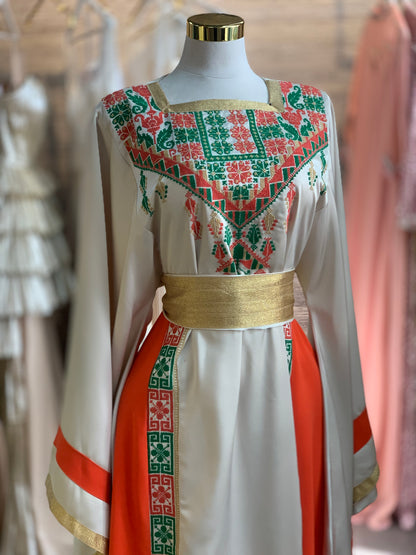Luxury Beige Palestinian Thobe in Marlin Fabric with Exquisite Handcrafted Orange & Green Embroidery