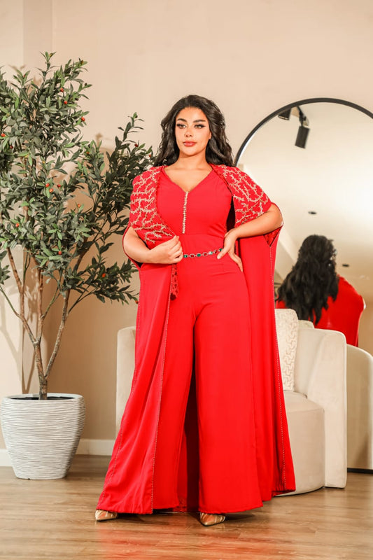 Luxury Two-Piece Caftan Jumpsuit with Gold-Red Embellishments – Custom Colors