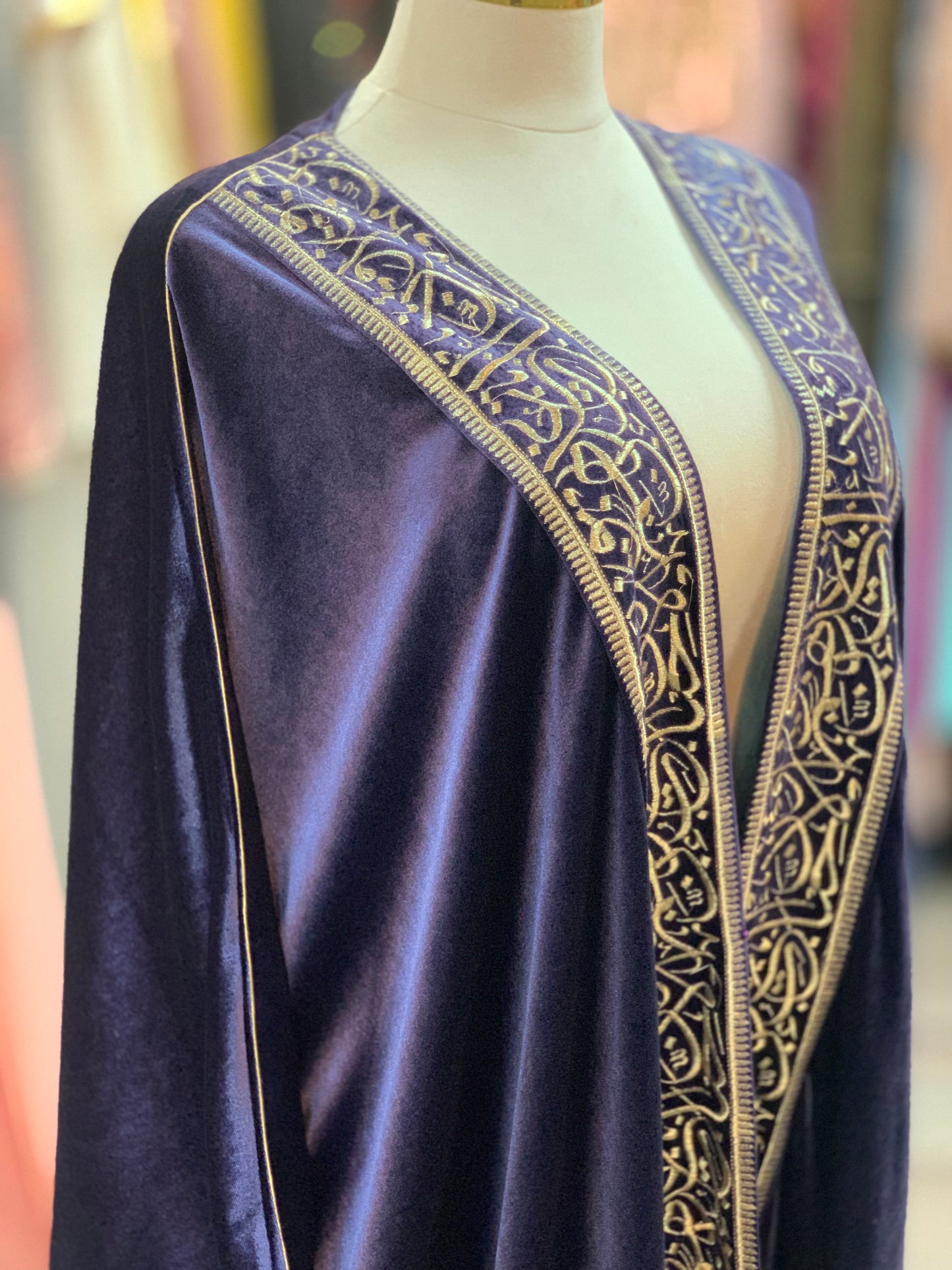 Royal Navy Velvet Bisht with Gold Arabic Embroidery