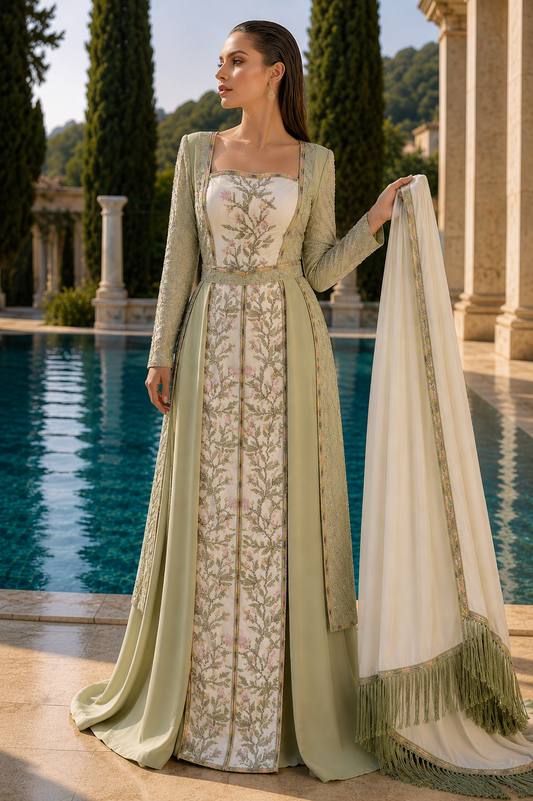 Sage Green Embroidered Couture Gown with Overskirt & Shawl