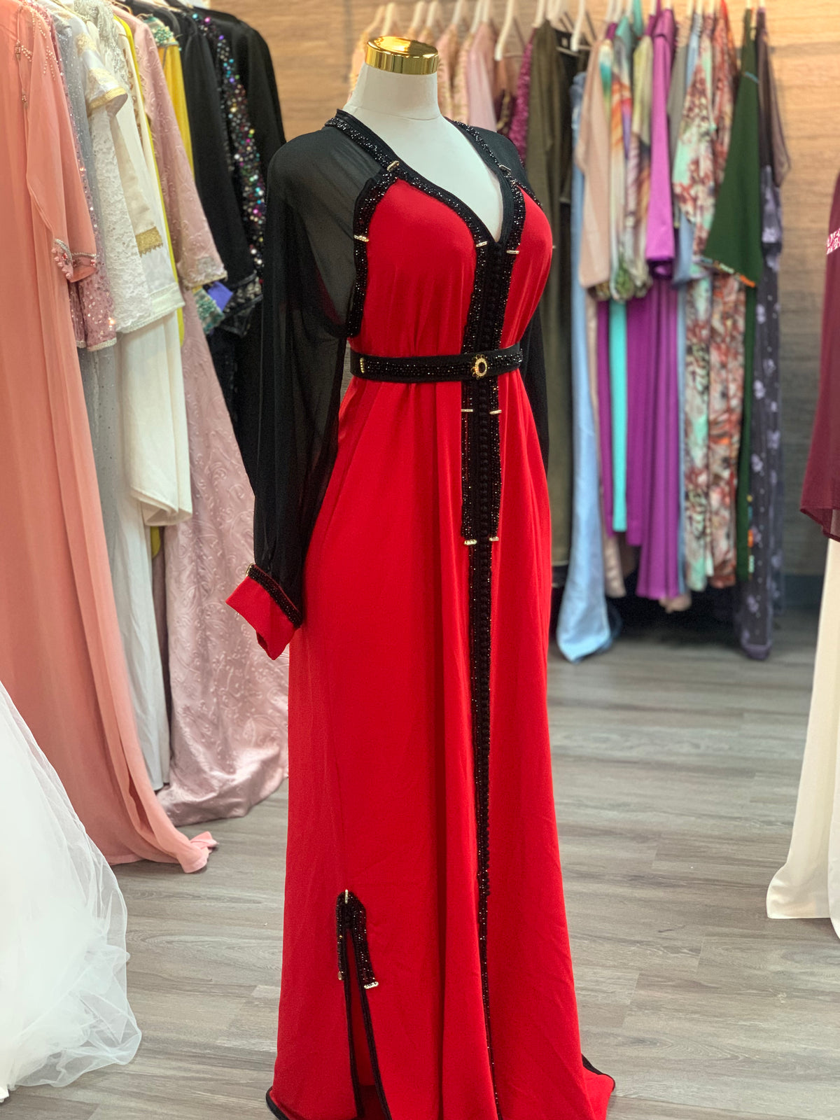 Elegant Moroccan Caftan with Flowing Sleeves – Red & Light Mauve | Luxury Black Crystals