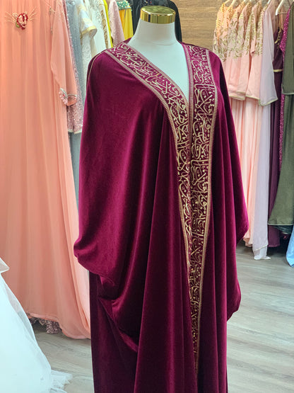 Royal Burgundy Velvet Bisht with Gold Arabic Embroidery