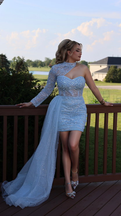 Couture Short Lebanese Dress with Multicolor Beading & Shawah Tail