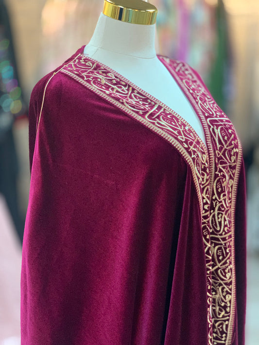 Royal Burgundy Velvet Bisht with Gold Arabic Embroidery
