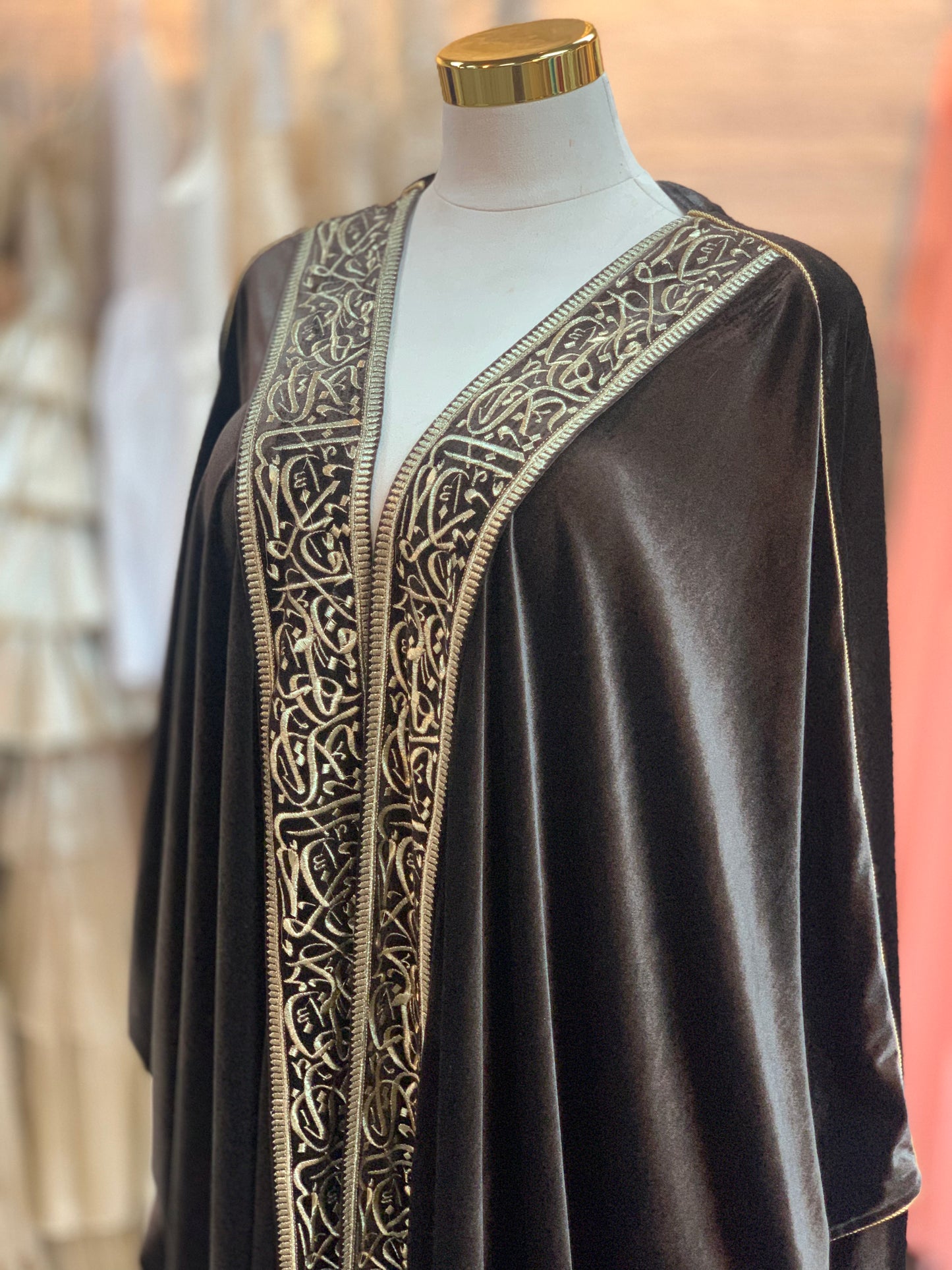 Royal Brown Velvet Bisht with Gold Arabic Embroidery