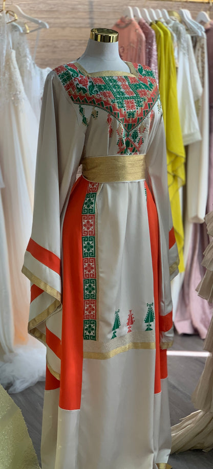 Luxury Beige Palestinian Thobe in Marlin Fabric with Exquisite Handcrafted Orange & Green Embroidery
