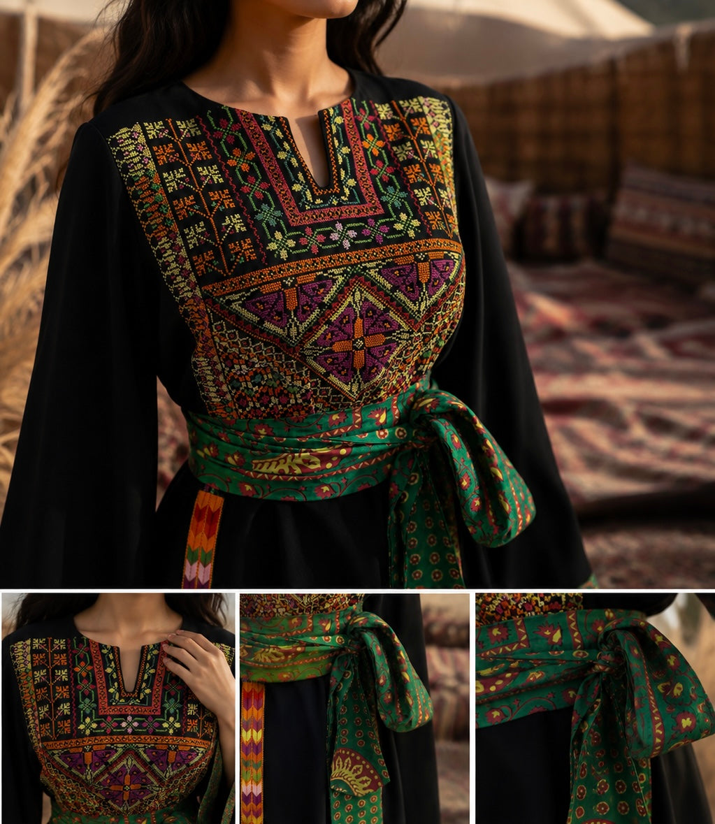 Handcrafted Luxury Palestinian Crepe Thob with Modern Color Mix