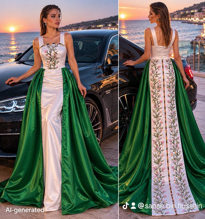 Ivory & Emerald Embroidered Gown with Overskirt