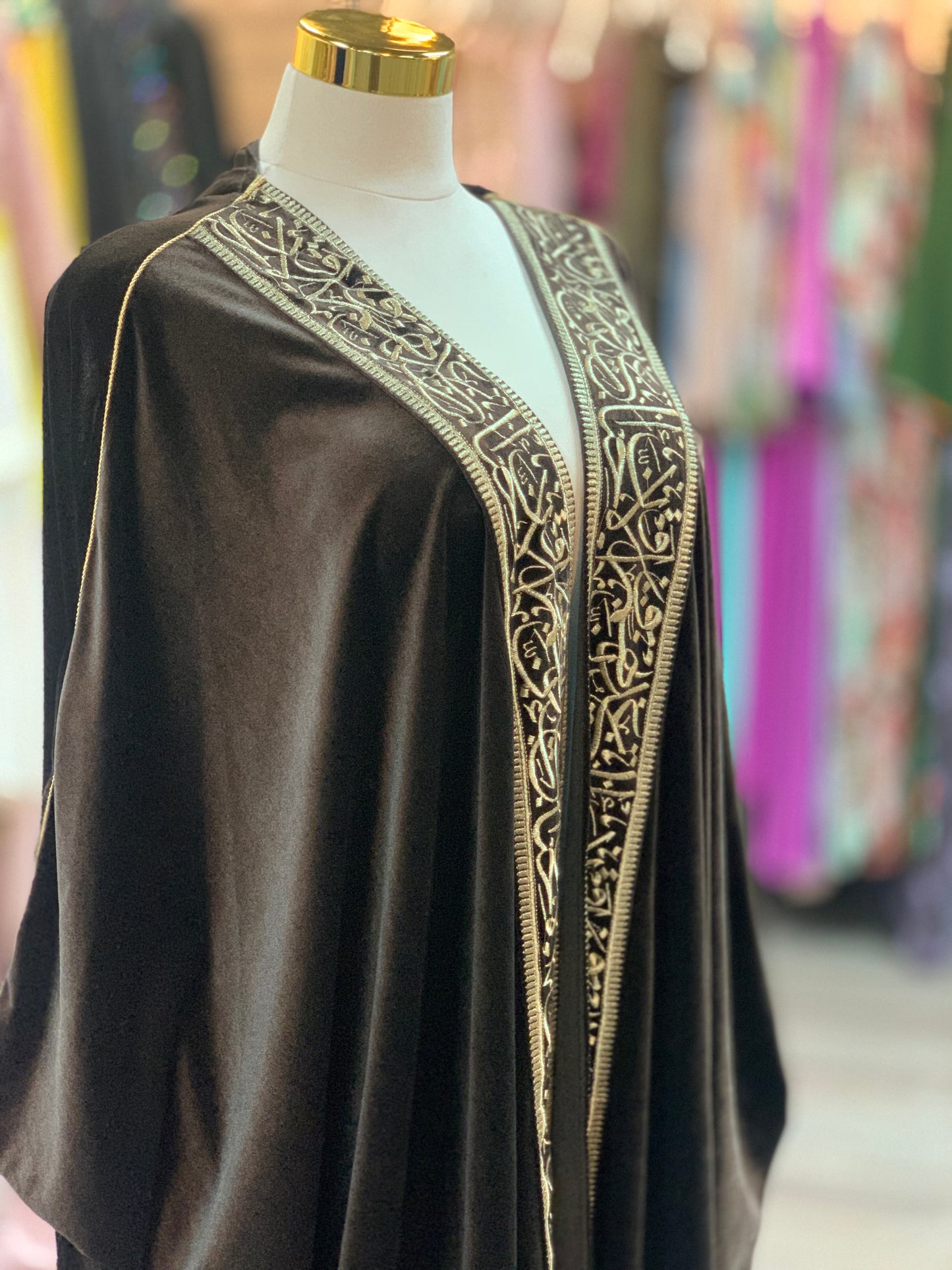 Royal Brown Velvet Bisht with Gold Arabic Embroidery