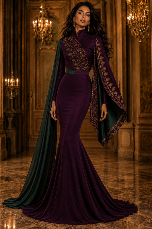 Emerald Cape Burgundy Couture Gown