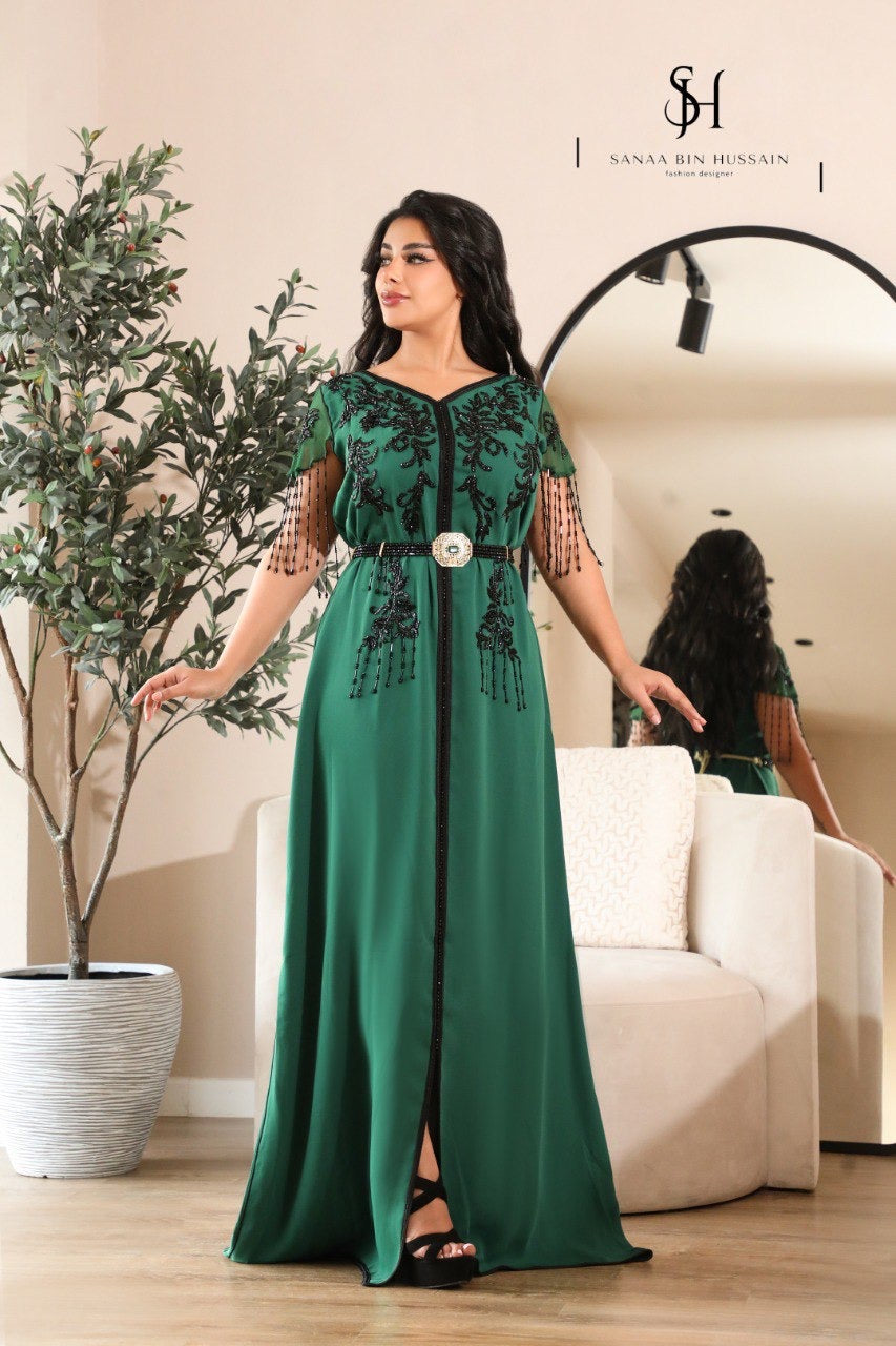 Royal Green Moroccan Caftan with Black Gem Embellishments Half-Sleeve