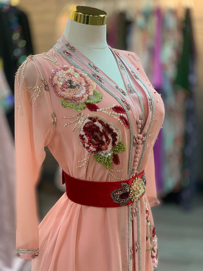 Elegant Pink Moroccan Caftan with Red Embroidery & Three-Quarter Sleeves