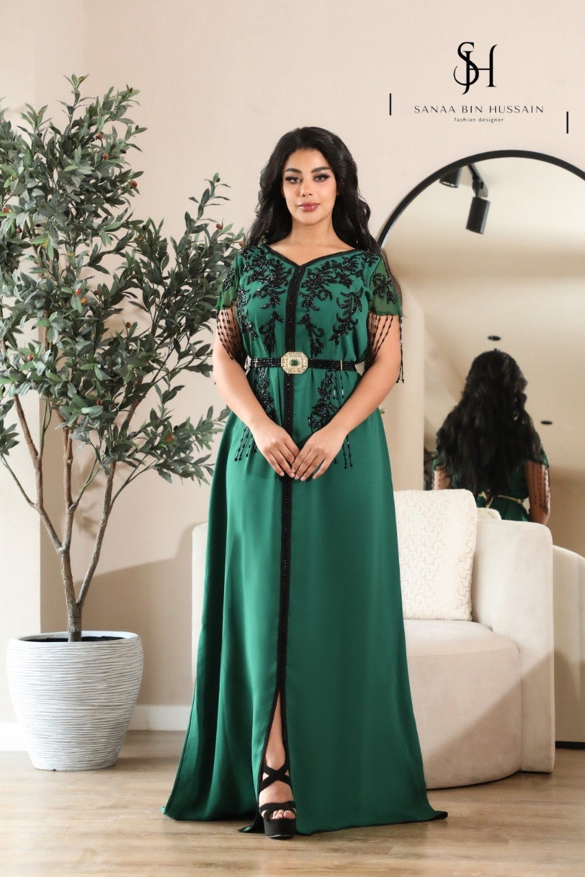 Royal Green Moroccan Caftan with Black Gem Embellishments Half-Sleeve