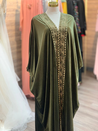 Royal Olive Velvet Bisht with Gold Arabic Embroidery