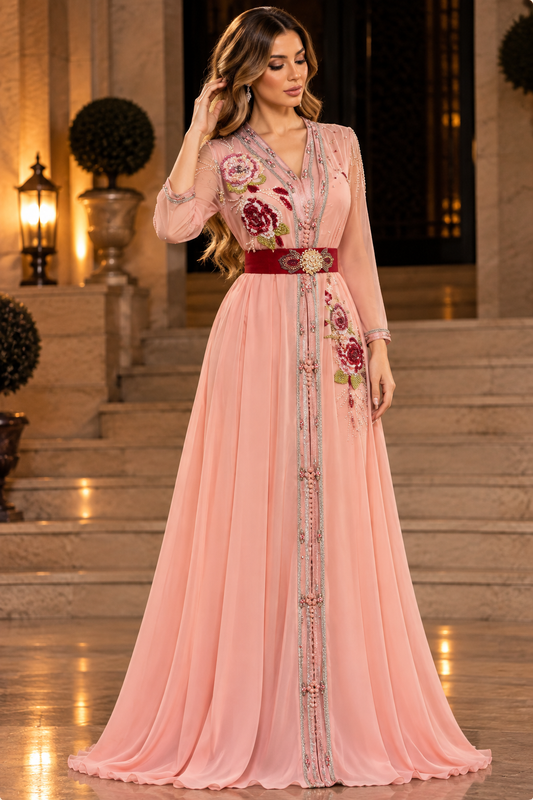Elegant Pink Moroccan Caftan with Red Embroidery & Three-Quarter Sleeves