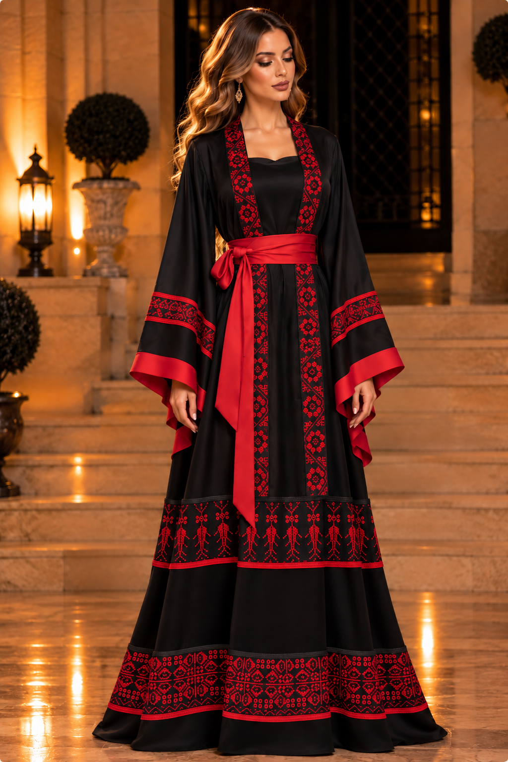Palestinian Thoob Mix of Black and Red Habar Fabric with Handmade Embroidery by order