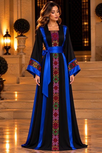 Modern Palestinian Thoob in Habar Fabric Black Ink and Royal Blue with Multicolor Embroidery