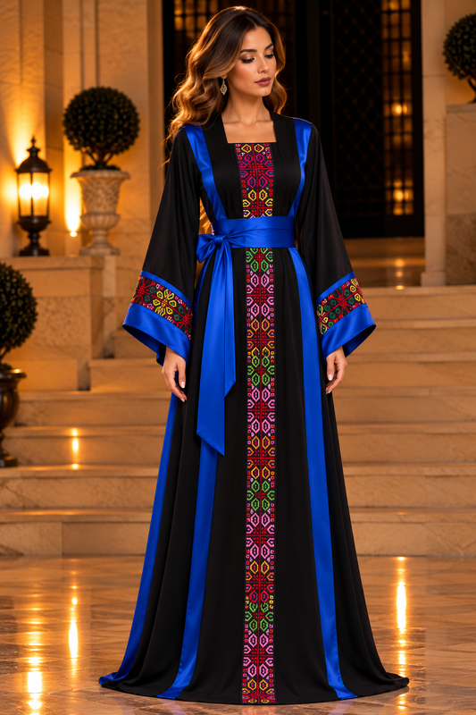 Modern Palestinian Thoob in Habar Fabric Black Ink and Royal Blue with Multicolor Embroidery