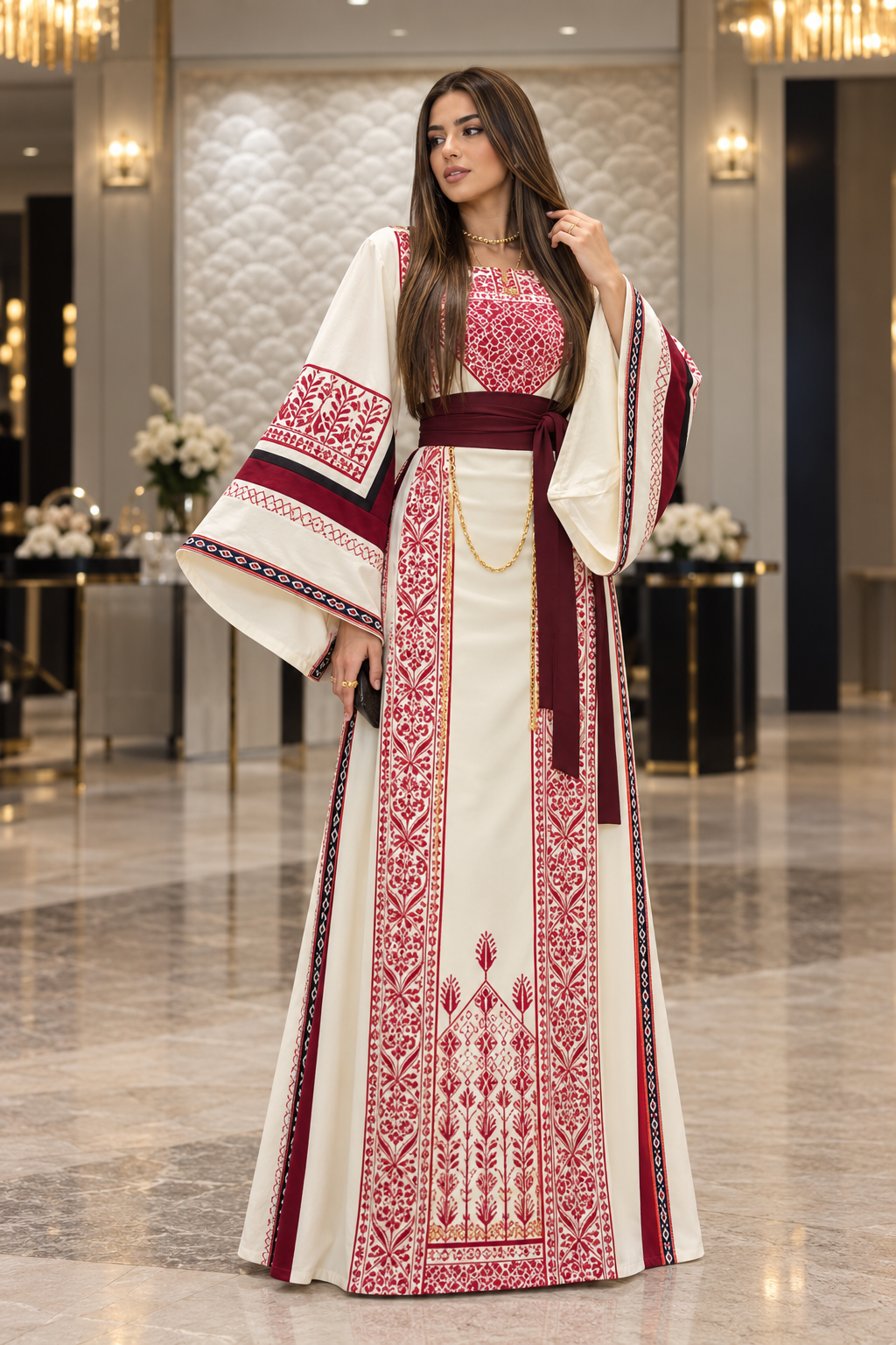 Ivory & Burgundy Palestinian Embroidered Thobe