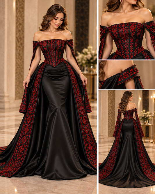 Midnight Henna Couture Black & Red Tatreez Gown