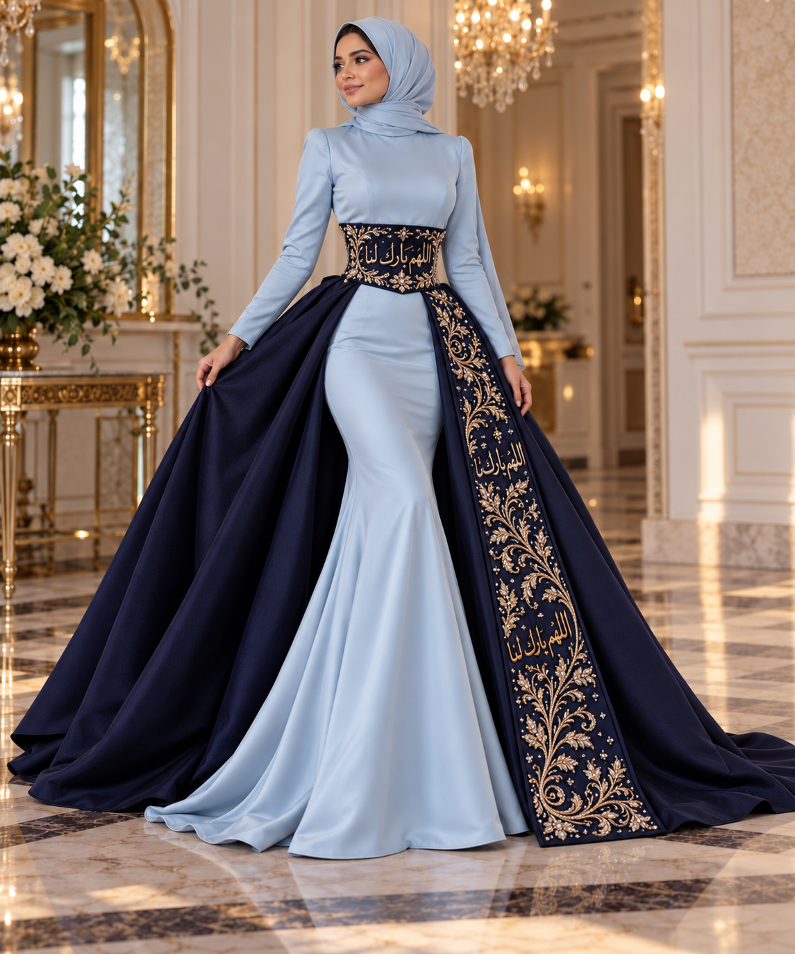 Royal Blue Henna Couture Arabic Calligraphy Gown