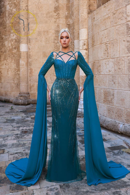 Flared Dress with Extra Long Sleeves and Full Beadwork – Global & Lebanese Designer Elegance
