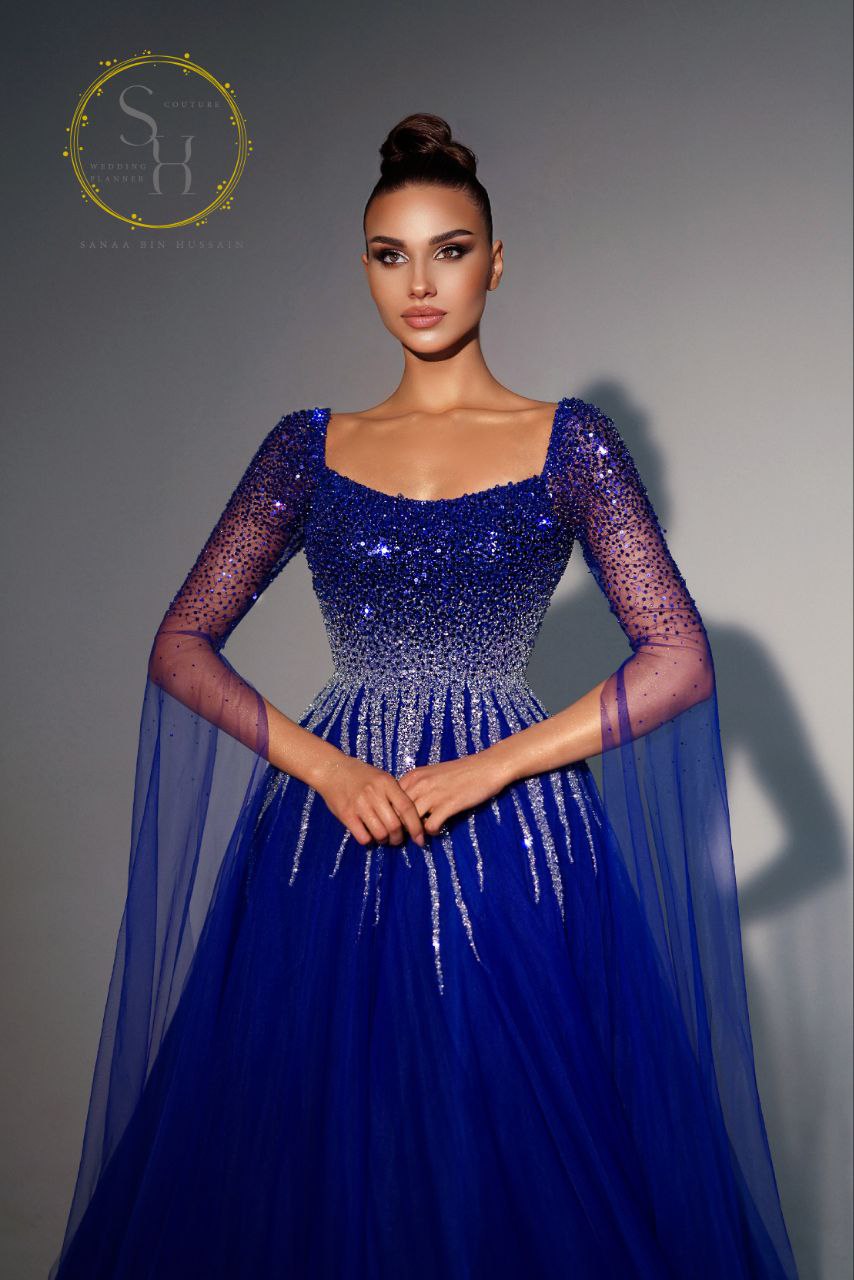 Lebanese Couture Flared Tulle Gown with Fully Beaded Bodice and Extra-Long Sleeves