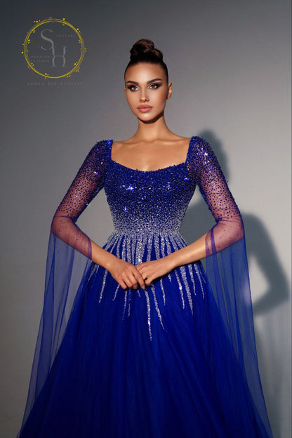 Lebanese Couture Flared Tulle Gown with Fully Beaded Bodice and Extra-Long Sleeves