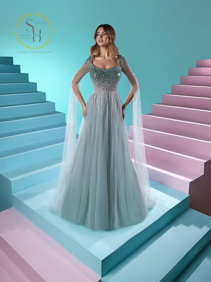 Dress in Foulard with Silver Beaded Bodice and Foulard Sleeves – Elegant Lebanese Design