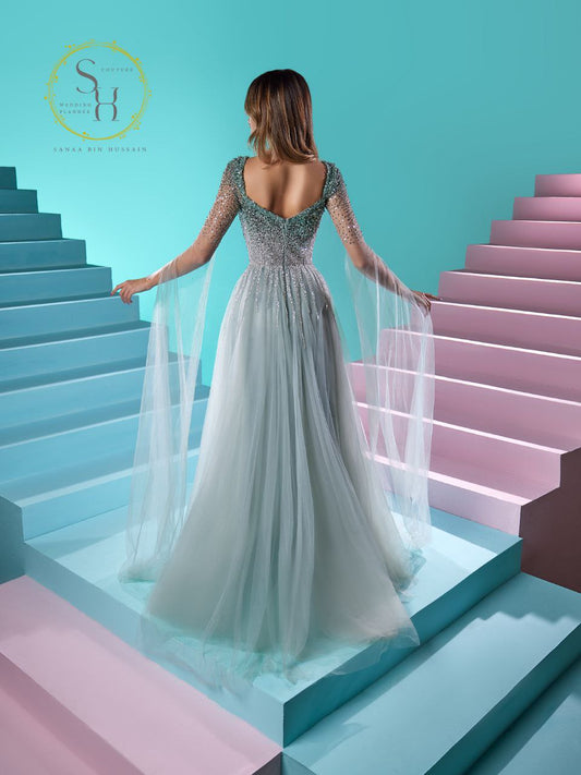 Dress in Foulard with Silver Beaded Bodice and Foulard Sleeves – Elegant Lebanese Design